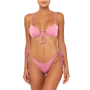 Conjunto de Bikini de Dos Piezas Rosa, Top con Tiras Laterales y Braguita, Traje de Baño para Mujer, Color Sólido, Elástico - Product Image 6