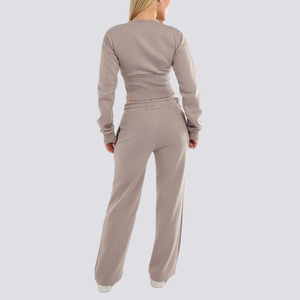 Custom Daily Casual Wear Zipper Crop Coat Top Drawstring Waist Solid Color 2 Pieces <b>Sweatpants</b> and Sweatshirt <b>Women</b> Set - Product Image 2