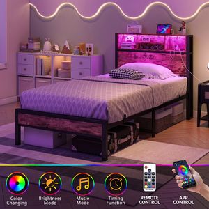 <b>Twin</b> Size Metal <b>Bed</b> <b>Frame</b> with Storage Headboard Charging Station & Bookcase No Box Spring Needed - Product Image 2