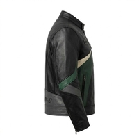 Blouson en cuir de vachette véritable pour homme, vert forêt émeraude, noir, à rayures ondulées diagonales, avec bordure crème, col montant, style motard