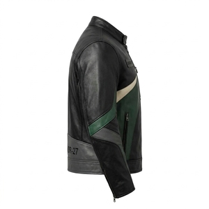<b>Mens</b> Real Cowhide Leather <b>Jacket</b> Emerald Forest <b>Green</b> Black Diagonal Curved Wave Stripe Cream Trim Stand Collar Biker Outerwear - Product Image 3
