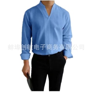 Camisa de Vestir Casual para Hombre, Manga Larga, Algodón y Lino, Transpirable, Cuello Mao, Color Sólido, Oferta de Otoño - Product Image 5