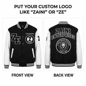 ZAINI 380 GSM Cotton Polyester Fleece Windproof HIGH STREET Varsity <b>Jacket</b> Black <b>White</b> Contrast Sleeves Custom Chenille Logo - Product Image 1