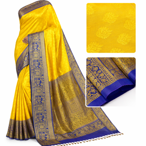 Sari Tradicional de Seda Brocada Amarilla con Bordado Zari y Borde Azul Dorado en Contraste para Uso Festivo - Product Image 1