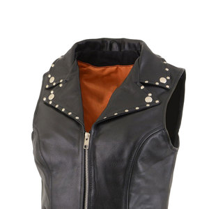 Gilet moto en cuir véritable imperméable pour femme, avec rivets décoratifs, fermeture éclair, col en V, couleur unie, longueur standard - Product Image 3