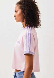 เสื้อยืดครอปสีชมพูสไตล์สปอร์ตสำหรับผู้หญิงสำหรับฤดูร้อน พร้อมแถบสีลาเวนเดอร์ คอกลม - Product Image 3