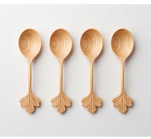 Ensemble de cuillères en bois faites à la main avec manche en forme de feuille, finition mate, écologiques, style minimaliste, pour la cuisine et la salle à manger - Product Image 1