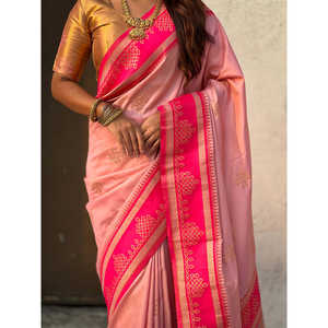 Sari en soie douce rose pâle Elite Weaves, tissé traditionnellement avec des fils Zari contrastants, pour les mariages, 650g - Product Image 2