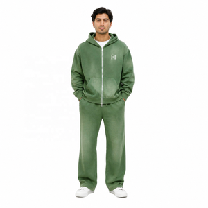 <b>Zip</b> Front Hoodies <b>Hooded</b> Tracksuit Jogger Set Cotton Fleece Sweatshirt Relaxed Fit Solid Color Pullover Streetwear Wholesale OEM - Product Image 1