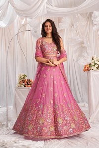 Pink Floral Embroidered Lehenga Choli Set Zari <b>Sequin</b> Organza Georgette Dupatta Wedding Party Dress for Women - Product Image 1