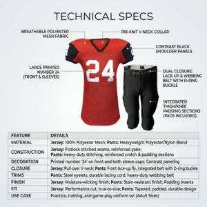Conjunto de Uniforme de Fútbol Americano Personalizado para Hombre, Camiseta Roja con Cuello en V, Manga Corta, Malla Transpirable, Verano, con Número 24 y Pantalones Negros - Product Image 4