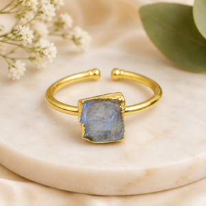 Natural Rough Blue spectrolite Moonstone Boho Style Womens Handmade <b>Gold</b> Electroplated <b>Ring</b> Adjustable Wholesale Jewelry India - Product Image 2