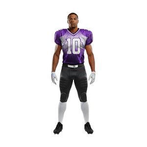 Tenues de football américain pour joueurs d'élite, ajustement confortable, imprimé anti-décoloration, avec accents violet et or, directement de l'usine - Product Image 1