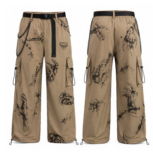 Pantalones Cargo de Pierna Ancha para Hombre, Cintura Elástica, Múltiples Bolsillos, Estampado de Esqueleto Dibujado a Mano, Estilo Urbano, Pantalones de Lona Transpirables para Verano - Product Image 1