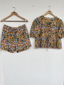 Yellow Floral Cotton Women Co ord <b>Set</b> Short Sleeve <b>Tie</b> Front Top Elastic Waist Shorts Two Piece Summer Outfit Beachwear - Product Image 1