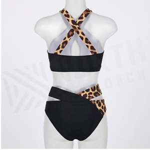 Ensemble bikini 2 pièces imprimé léopard pour femme, haut croisé à nouer, bas taille haute, maillot de bain extensible - Product Image 2