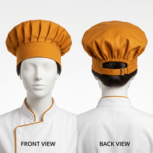 Gorro de Chef para Mujer, 240 GSM, Sarga de Algodón Beige, Ajustable con Elástico Trasero, Gorro Culinario con Logotipo Tejido Personalizado, Bordado e Impreso - Product Image 6