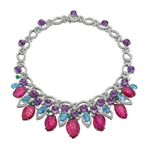 Luxury Women <b>Statement</b> <b>Necklace</b> 925 Silver Rhodium Plated Amethyst Leaf Design Party Jewelry - Product Image 1