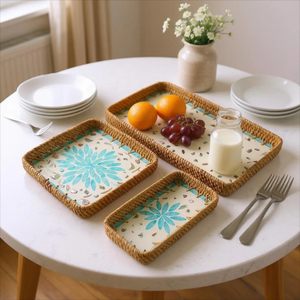Plateau rectangulaire en rotin de qualité supérieure, motif mosaïque de fleurs vert-bleu, plateau unique pour la présentation de bijoux et de cosmétiques, vente en gros - Product Image 2