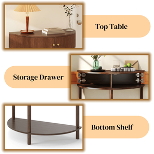 Consolle a mezzaluna artigianale con motivo a onde, design unico in legno marrone con 2 cassetti contenitori - Product Image 3