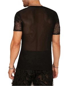 T-shirt en maille transparente avec strass pour hommes, haut sexy transparent et scintillant, tenue de soirée à manches courtes, tenue de soirée à la mode - Product Image 5