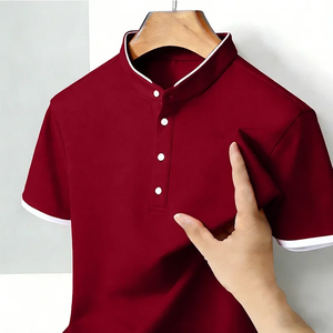 Camisetas de Verano Cómodas para Hombre, Cuello Mao, Manga Corta, Corte Regular, Ribete en Contraste, Ropa Casual de Oficina, Poliéster/Algodón - Product Image 5