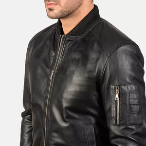 Chaqueta Bomber de Cuero Genuino para Hombre, Cuello Alto, Cierre de Cremallera, Corte Ajustado, Estilo Motociclista, Color Negro Sólido, para Otoño - Product Image 6