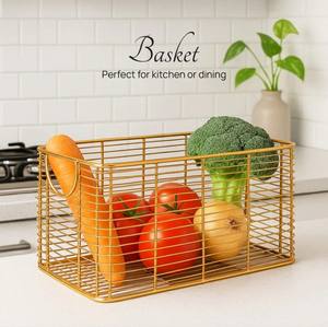 <b>Rectangular</b> Gold Wire <b>Storage</b> <b>Basket</b> | Metal Fruit <b>Basket</b> Organizer | Modern Kitchen & Home <b>Storage</b> - Product Image 2