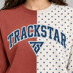 <b>Women's</b> Brick <b>Red</b> and Ivory Split Color Polka Dot Varsity Crewneck <b>Sweatshirt</b> Long Sleeve Ribbed Cuffs Pullover Wholesale - Product Image 5