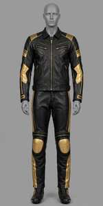 Conjunto de Chaqueta y Pantalones de Motociclismo de Cuero Negro y Dorado con Estampado Personalizable para Hombre - Product Image 2
