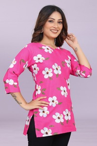 <b>Indian</b> Yellow Floral Slub Cotton Short Kurtis and Tunic for Women Ethnic Casual <b>Top</b> with Digital Print Casual and Daily Wear <b>Top</b> - Product Image 3