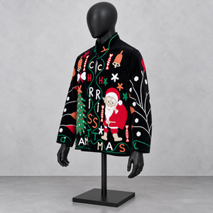 Veste bomber en velours brodée de Noël pour femme, veste d'extérieur zippée, manteau de fête - Product Image 4