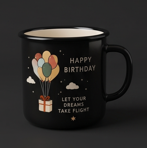 Custom Black Outdoor <b>Camping</b> Iron Enamel <b>Mug</b> with Birthday Balloons Graphic Lightweight Shatterproof Metal Coffee Cup - Product Image 4