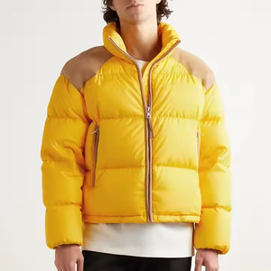 Men's Yellow Color Blocking Puffer Jacket Stand Collar Windproof Thick Winter <b>Coat</b> Regular Fit Polyester Shell Zipper Closure - Product Image 3