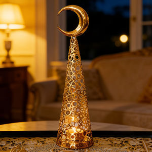 Candelabro de Lujo con Forma de Luna Creciente Islámica, Metal Dorado, Lámpara de Mesa para Ramadán y Eid, Decoración para el Hogar, Luz Nocturna - Product Image 1