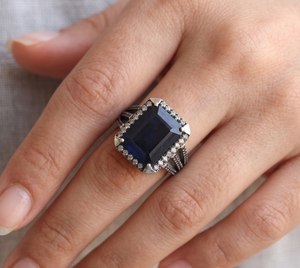 925 Sterling <b>Silver</b> Classic <b>Ring</b> Natural Rectangle Cut Faceted Claw Setting Blue Sapphire Gemstone Diamond IGI Certified - Product Image 2
