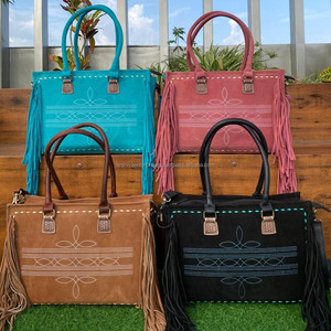 Botte point noir daim cuir frange sac fourre-tout pour femmes Western Turquoise point dissimulé transporter en cuir véritable sac à bandoulière - Product Image 3