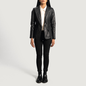 Chaqueta Bomber de Cuero Genuino de Alta Calidad para Mujer, de Secado Rápido, Estilo Motero, Negra, con un Solo Botón, Colores Personalizados con Logotipo, OEM - Product Image 6