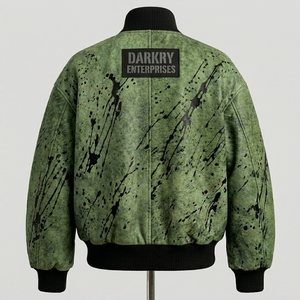Blouson aviateur en cuir pour homme, vert effet éclaboussures de peinture, personnalisé, style usé, streetwear, vente en gros, fournisseur - Product Image 2