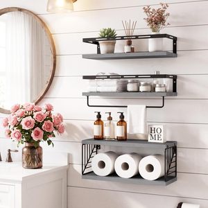 Industrial Metal Wall Mounted Floating <b>Shelves</b> with Wooden Boards Modern Rustic Storage Organizer - Product Image 3