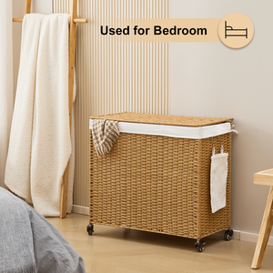 Cesto de Ropa Sucia con Ruedas de Mimbre Tejido de 3 Secciones y 165L, con Tapa y Ruedas - Product Image 6