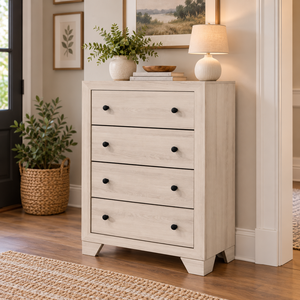 Commode blanche contemporaine fabriquée en Malaisie avec cinq tiroirs, idéale pour la chambre à coucher et l'aménagement intérieur. - Product Image 1