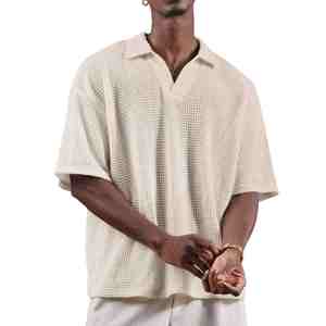 Polo de Manga Corta para Hombre, Talla Grande, Color Beige, Tejido Waffle, Informal, Transpirable, Color Sólido, Texturizado, de Algodón, para Verano - Product Image 4