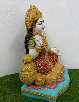 Patung Dewi Ganga Devi dari Marmer Buatan Tangan, Murti Dewi Berukir Putih Merah Emas untuk Dekorasi Rumah dan Kuil