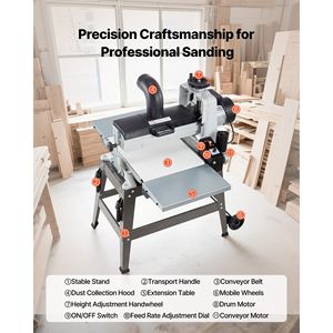 Levigatrice a Tamburo a Doppio Motore da 16 Pollici, 1.5HP, 1720RPM, a Velocità Variabile, con Nastro Trasportatore per Lavorazione del Legno, con Supporto e Tavoli di Estensione per Pialle per Legno - Product Image 5