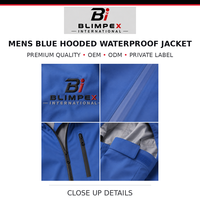 Blouson Bomber Homme Blimpex International Bleu à Capuche Imperméable Respirant en Tissu Tricoté Décontracté avec Fermeture Éclair et Logo sur le Devant en Toile Enduite PU