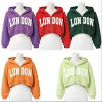 Sudadera con capucha corta de mezcla de algodón para mujer OEM/ODM, 300 gramos, bordado 3D, estilo oversize Y2K, streetwear de invierno, estampado ácido con lentejuelas