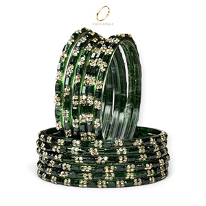 Bracelets en verre vert foncé de style cachemire, ornés de pierres plaquées or décoratives, pour femmes, à porter en soirée, vente en gros - Product Image 4