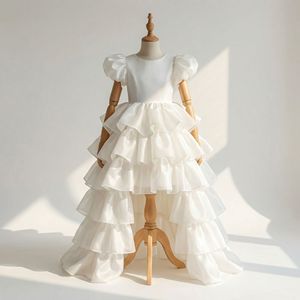 Ruffle Tulle Layers High Low Long Tail <b>Flower</b> <b>Girl</b> <b>Dress</b> For Wedding Easter Ceremony <b>Girls</b> Chic <b>Ivory</b> Princess Sequin Embroidery - Product Image 3