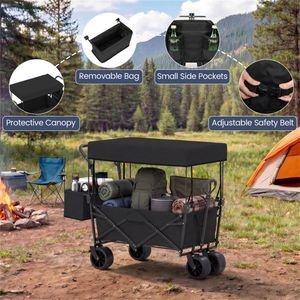 Carrello Pieghevole Nero con Manico Regolabile, Ruote Antiforatura, Freni e Tasche Laterali Rimovibili per Campeggio e Attività all'Aperto - Product Image 4